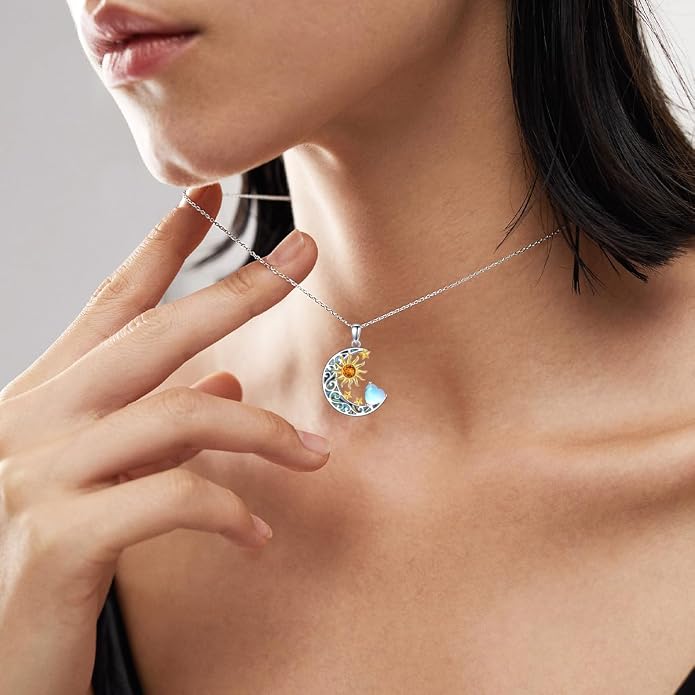 AOBOCO 925 Sterling Silver Sun and Moon Star Pendant Necklace with Simulated Birthstone, Birthday Christmas Jewelry Gift for Women Teen Girls