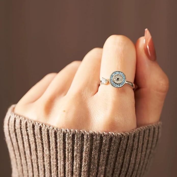 LIU JUN To My Daughter - Evil Eye Fidget Ring For Women, It Can Drive Away Your Anxiety CZ Spinning Adjustable Inspirations Gift Jewelry