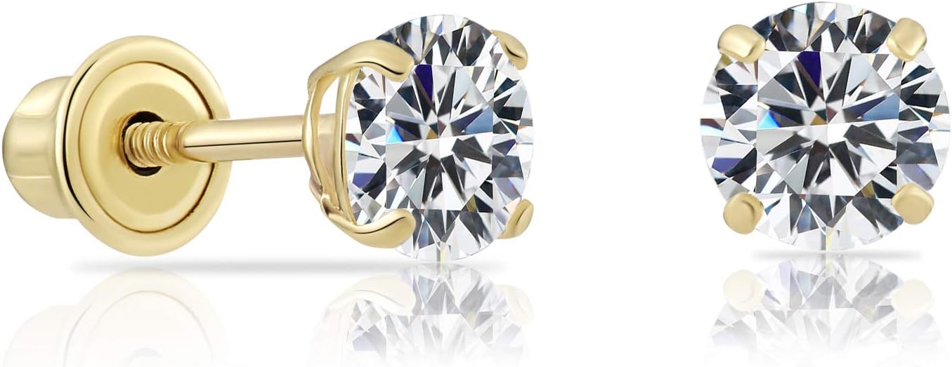 14k Yellow Gold Solitaire Round Cubic Zirconia Stud Earrings in Secure Screw-backs