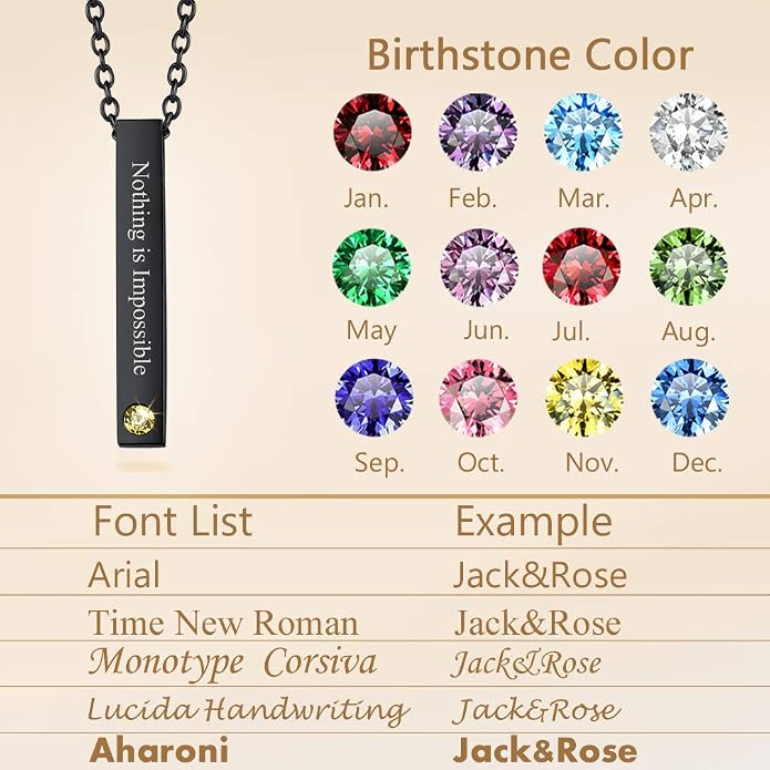 Custom4U Personalized Birthstone Bar Necklaces for Women, Custom Handmade Silver/Black/Gold Vertical Bar Pendants with 1-3 Names Engraved,Unique Memorial Necklace for Her