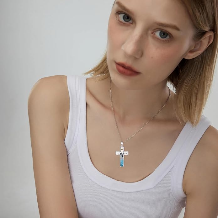 HPQQ Cross Necklace 925 Sterling Silver Turquoise Tree of Life Celtic Knot Cross Pendant Jewelry Mother's Day Gifts for Women