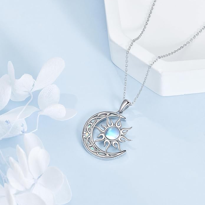 Sun and Moon Necklace for Women 925 Sterling Silver Celtic Crescent Moon Pendant Blue Opal/White Opal/Abelone Shell/Labradorite/Moonstone Jewelry Gift for Teen Girls