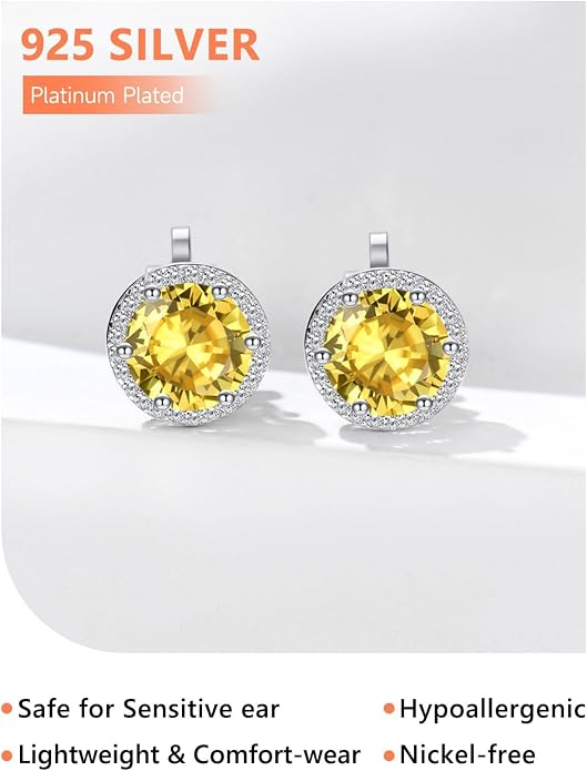 Silvora 925 Silver 8MM Cubic Zirconia Birthstone Clip On Stud Earrings Round Non Pierced Earrings For Women,Come with Box
