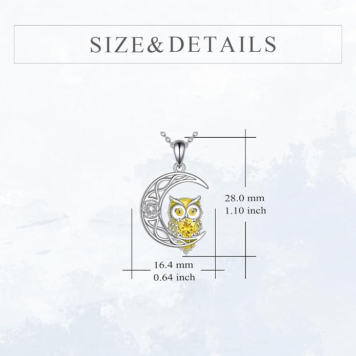 Owl Birthstone Necklace Sterling Silver Celtic Moon Pendant Cubic Zirconia Owls Jewelry Birthday Gifts for Women Men