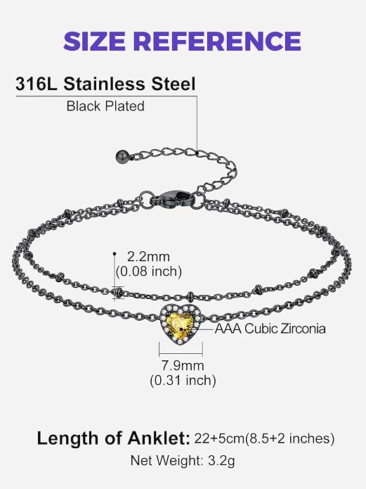 Richsteel Double Layer Heart/Butterfly Birthstone Anklet for Women Non Tarnish Waterproof, Silver/Gold/Black Stainless Steel 8.5-10.5 Inch Adjustable Chain Anklets Jewelry Gifts for Her
