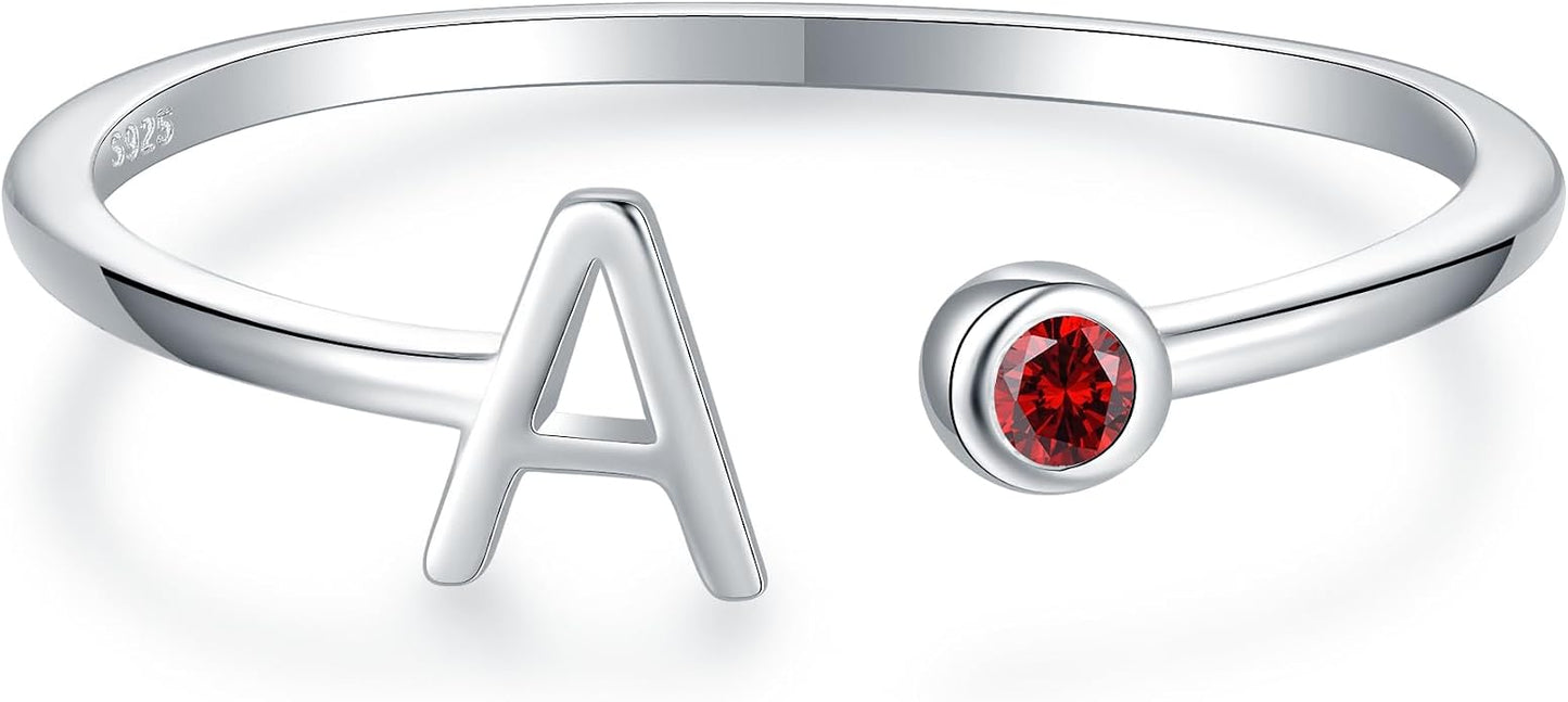 925 Sterling Silver Initial Letter Birthstone Rings for Women Adjustable 1-12 Month Birthstone Alphabet Stacking Ring for Teens Girls Stackable Birthstone Rings Birthday Jewelry Gift for Daughter Mom