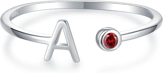 925 Sterling Silver Initial Letter Birthstone Rings for Women Adjustable 1-12 Month Birthstone Alphabet Stacking Ring for Teens Girls Stackable Birthstone Rings Birthday Jewelry Gift for Daughter Mom