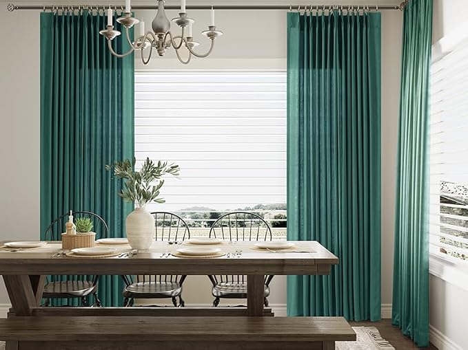 Aersas Dark Green Pinch Pleated Linen Curtains 96 Inch Length 2 Panels for Living Room Bedroom Semi Sheer Window Curtain Boho Neutral Back Tab Pinch Pleat Drape with Hooks 40x96