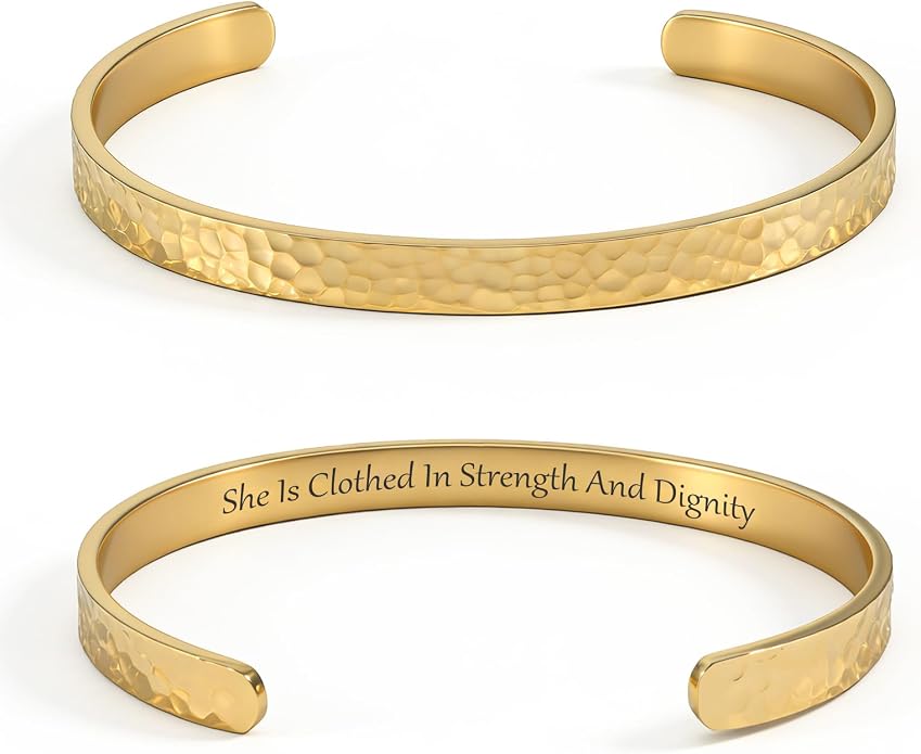 Inspirational Bible Verse Cuff Bracelet for Women, 18K Gold Plated Hammered Bangle, Christian Faith Jewelry Gift, Adjustable Non Tarnish