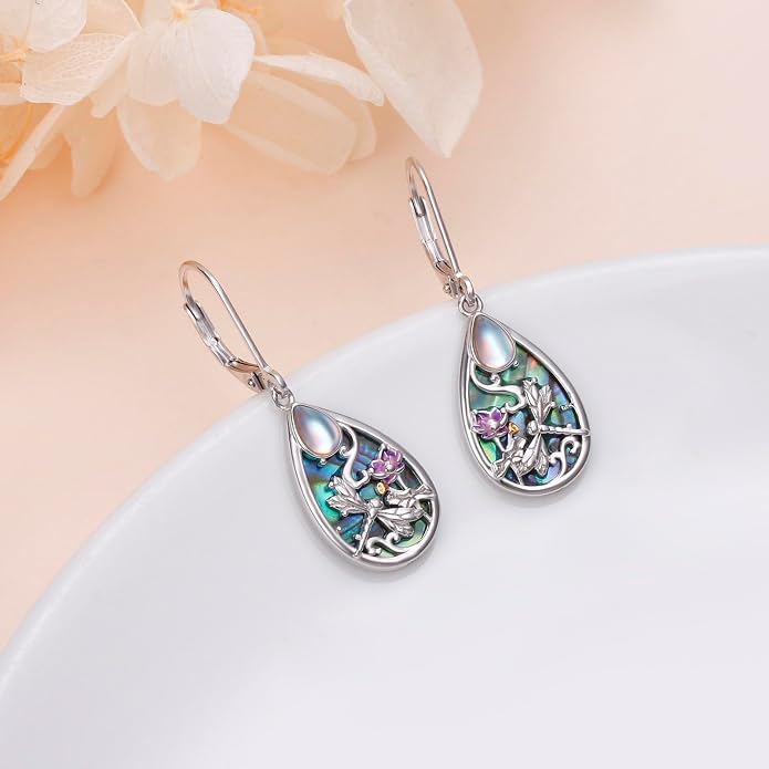 Alphm Dragonfly Filigree Earrings S925 Silver Teardrop Moonstone Abalone | S925 Sterling Silver Dragonfly Filigree Drop Dangle Earrings Leverback Birthday Jewelry Gift for Women Mom Wife