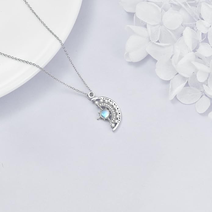 LUHE Moonstone Necklace 925 Sterling Silver Pendant Necklace Celtic Cross/Moon/Feather/Crescent/Black Cat Moonstone Jewelry Gifts for Women Men Friend
