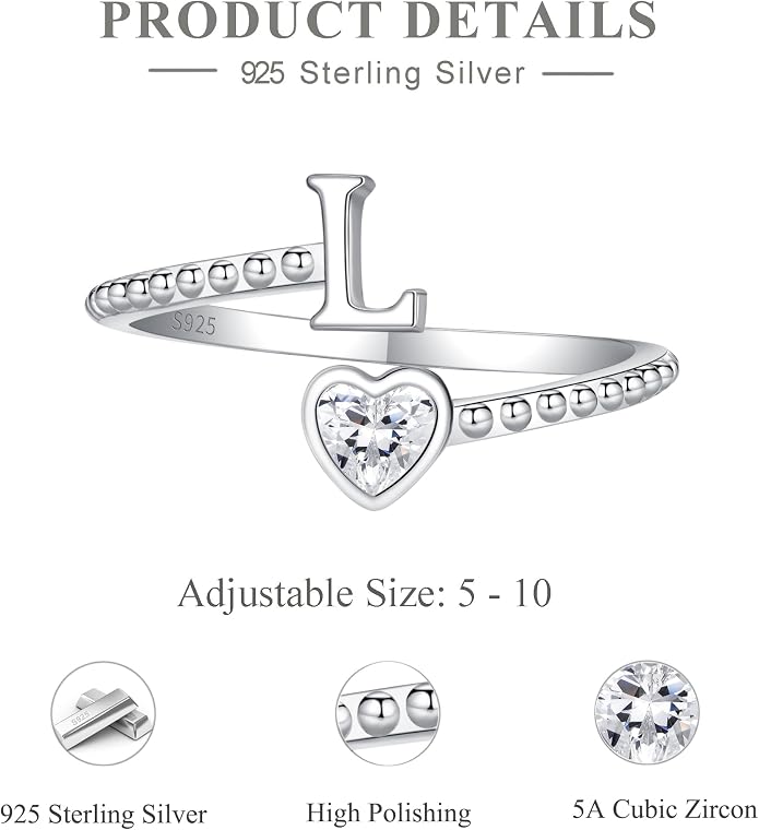 Step Forward 925 Sterling Silver Adjustable Initial Ring for Women | Non Tarnish Letter Rings for Lady | Alphabet Heart Thumb Rings | Capital Letter Jewelry Gifts