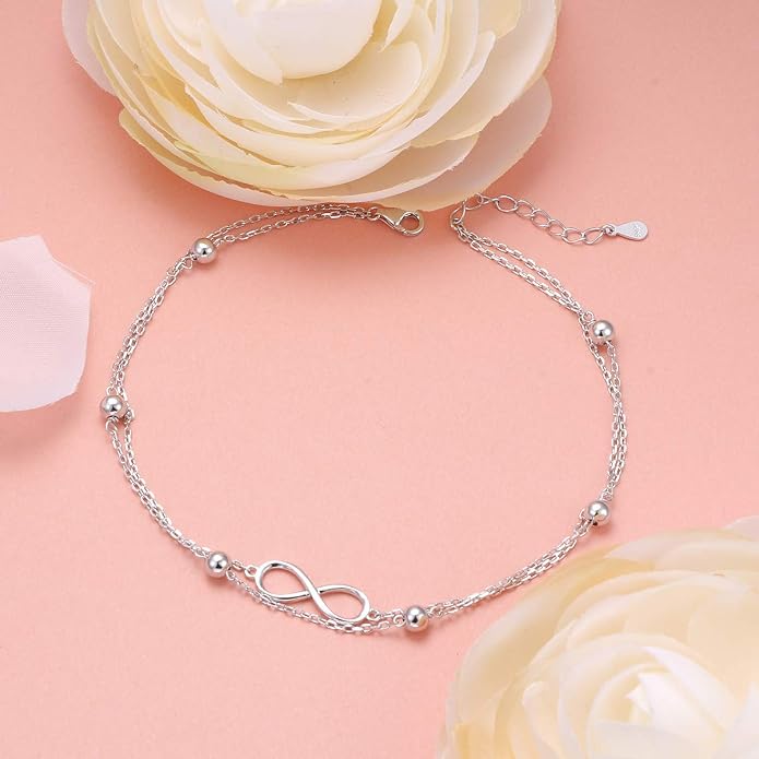 Flyow Anklet for Women S925 Sterling Silver Adjustable Foot Beaded Heart Charm Ankle Bracelet Anklets Jewelry