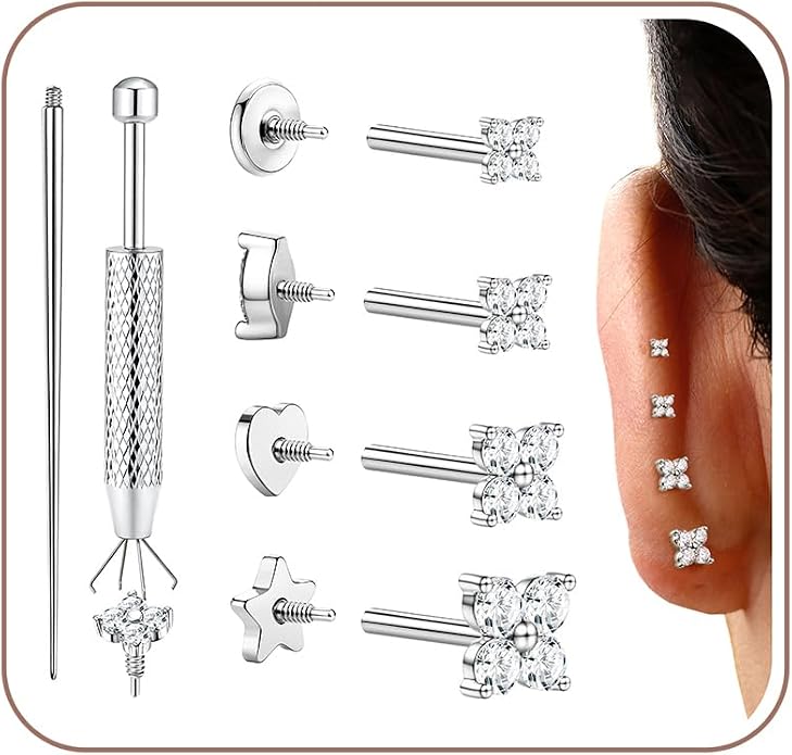 Drperfect 18G Reversible Flat Back Stud Earrings for Women Hypoallergenic Surgical Steel 14K Gold Silver Plated Internal Thread Stud Piercing Jewelry for Tragus Helix Cartilage Conch Piercing