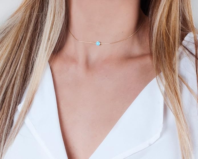 Opal Bead Choker Necklace – Rose and Gold Filled or Sterling Silver, Blue or White Opal Ball, Dainty Minimalist Jewelry 13.5"-16.5"