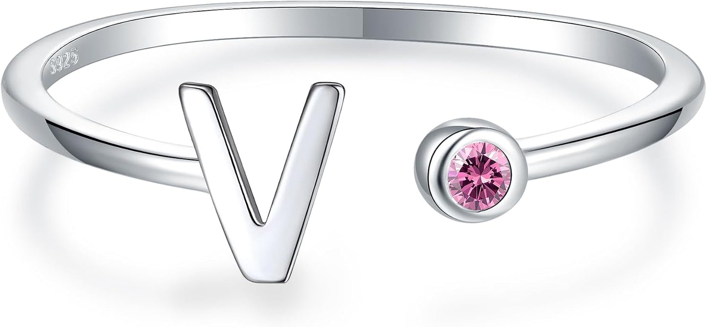 925 Sterling Silver Initial Letter Birthstone Rings for Women Adjustable 1-12 Month Birthstone Alphabet Stacking Ring for Teens Girls Stackable Birthstone Rings Birthday Jewelry Gift for Daughter Mom