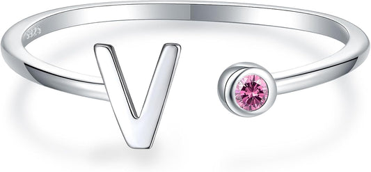 925 Sterling Silver Initial Letter Birthstone Rings for Women Adjustable 1-12 Month Birthstone Alphabet Stacking Ring for Teens Girls Stackable Birthstone Rings Birthday Jewelry Gift for Daughter Mom