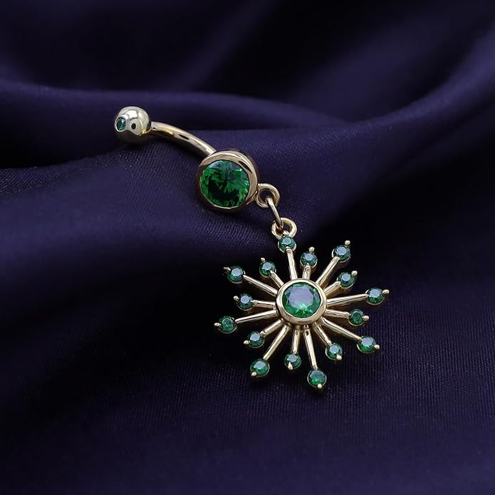 AFFY Snowflake Belly Button Ring for Women Simulated Birthstone, Round Cut Gemstone in 14K Gold Over 925 Sterling Silver, Navel Barbell Piercing Jewelry for Her