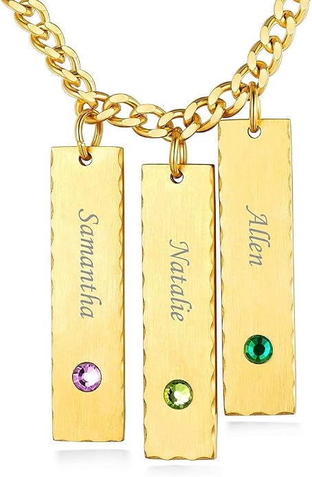Custom4U Personalized Birthstone Bar Necklaces for Women, Custom Handmade Silver/Black/Gold Vertical Bar Pendants with 1-3 Names Engraved,Unique Memorial Necklace for Her