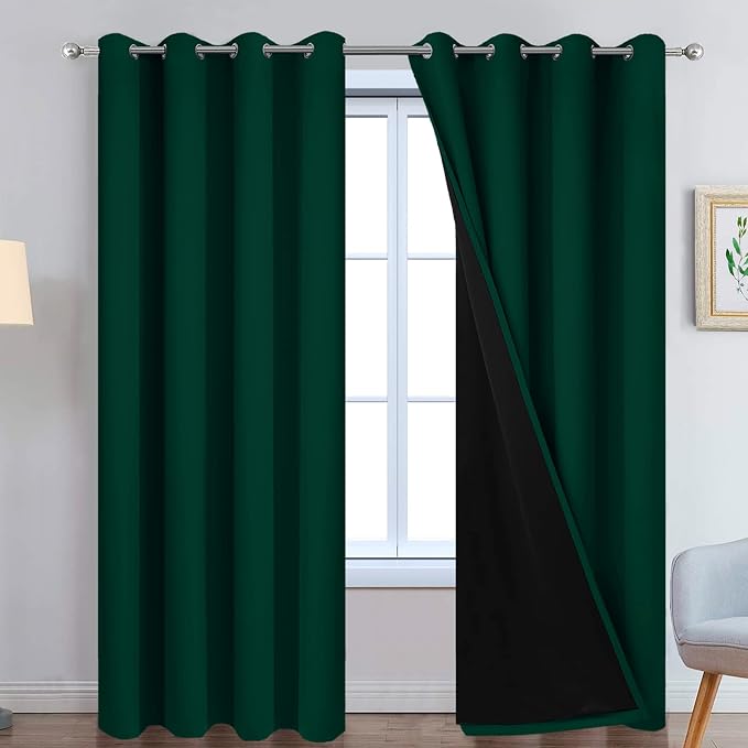 Yakamok Dark Green 100% Blackout Curtains 96 Inches Long 52" Wide 2 Panels | Blackout Curtain Panels for Bedroom, 2 Thick Layers Grommet Top Thermal Insulated Drapes with Black Liner for Living Room