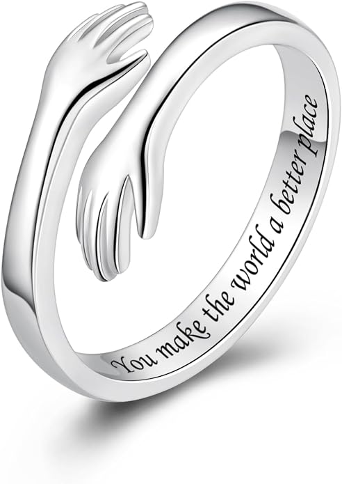 S925 Sterling Silver Hug Rings for Women Teen Girls Adjustable Ring for Granddaughter Daughter Hope Promise Friendship Hand Ring Jewelry for Birthday Graduation Christmas Mothers Day Valentines Gifts