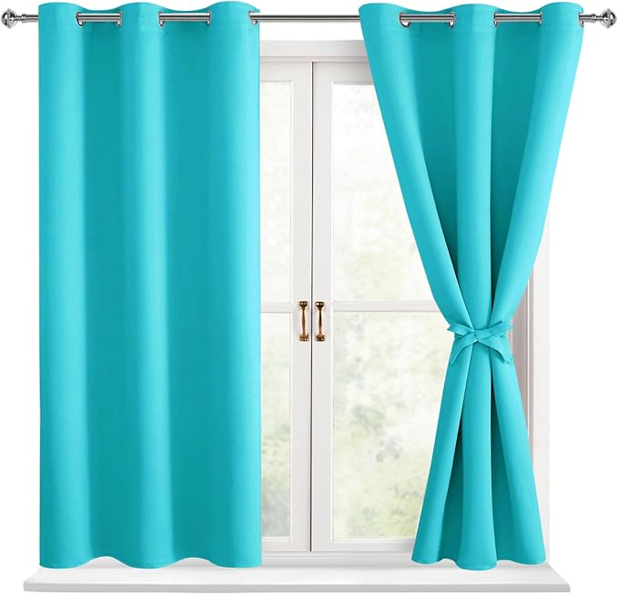 Hiasan Short Blackout Curtains for Bedroom - Thermal Insulated & Light Blocking Window Curtains for Living Room, 2 Drape Panels Sewn with Tiebacks, Turquoise, 42 x 45 Inch