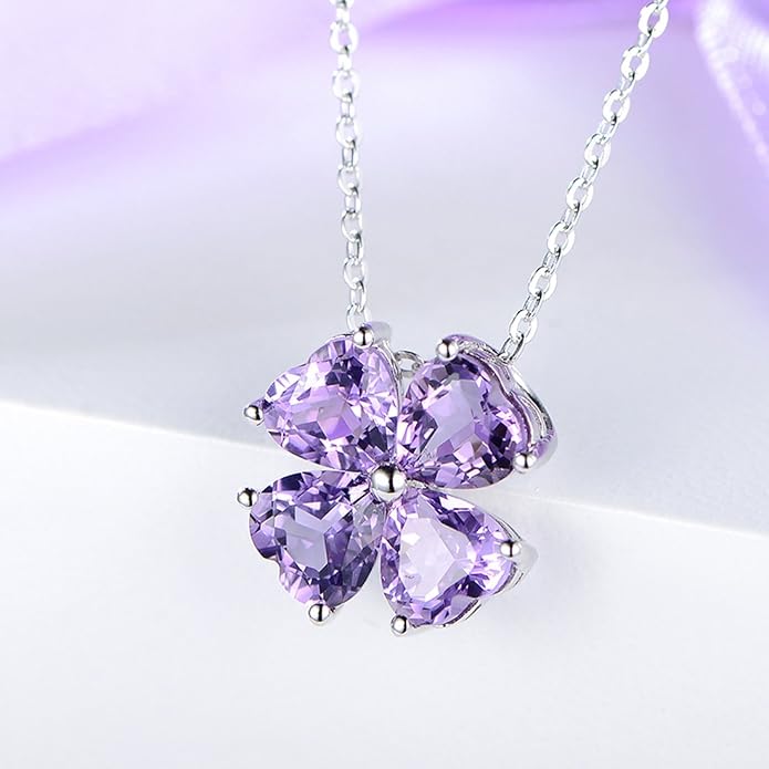 JIANGXIN Colorful Birthstone 925 Sterling Silver Handmade Pendant Necklace for Women Lucky Four Leaf Clover Plant Shamrock Jewelry Rhodium Plated