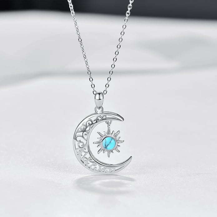 TRISHULA Moon Star Necklace, 925 Sterling Silver Crescent Moon Sun Pendant with Moonstone Crescent Jewelry Gift for Her Sister Birthday Christmas