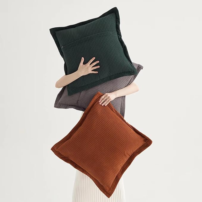 COCO TOP Pack of 3 Vintage Cushion Covers, Textured Corduroy Large Pillow Covers 24x24inch, Soft Touch for Living Rooms, Bedroom,Sofa, Studies(Slate Grey, Dark Green & Rust) Set of 3