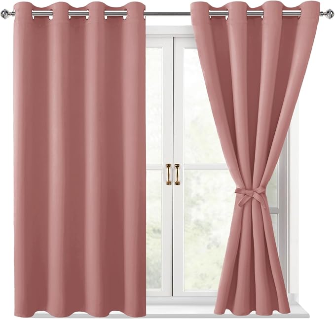 Hiasan Blackout Curtains for Bedroom - Thermal Insulated & Energy Saving Window Curtains for Living Room/Kids Room, 2 Drape Panels Sewn with Tiebacks, Dusty Rose, 52 x 45 Inch