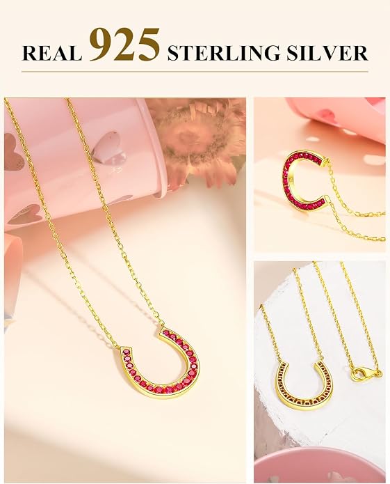 Luck Horseshoe Necklace 14K Gold Plated/Sterling Silver Created Gemstone Pendant with Chain Channel Set U Shaped Charm Necklace Birthstone Jewelry