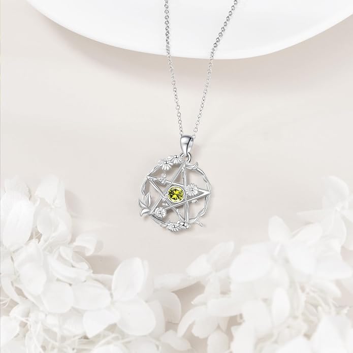 Birthstone Pentagram Necklace for Women 925 Sterling Silver Pentacle Daisy Pendant Pentacle Jewelry Birthday Gifts