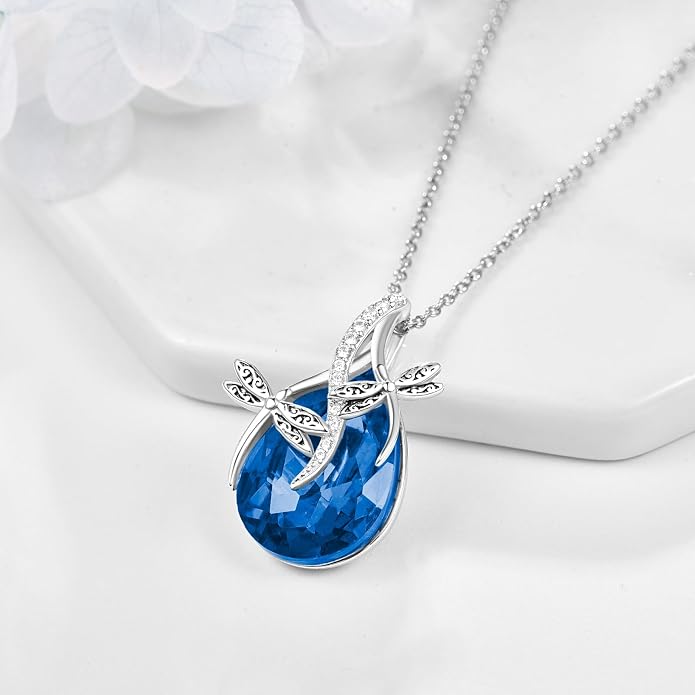 PRAYMOS S925 Sterling Silver Birthstone Necklaces for Women Dainty CZ Necklace Dragonfly Pendant Minimalist Jewelry Gift