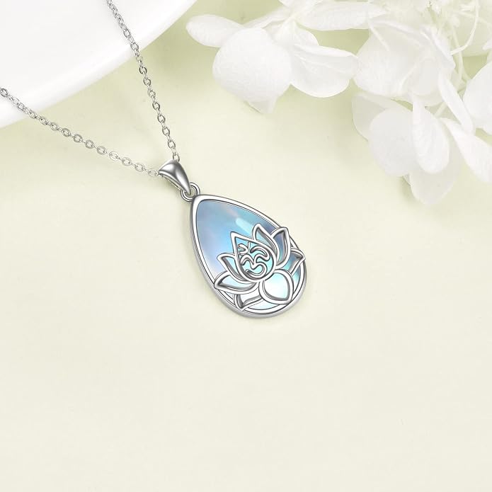 ONEFINITY Lotus Necklace 925 Sterling Silver Moonstone Pendant Necklace Yoga Lotus Jewelry for Women
