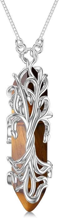 Healing Crystal Necklace 925 Sterling Silver Sunflower/Tree of Life Wrapped Pendant Reiki Energy Jewelry for Women