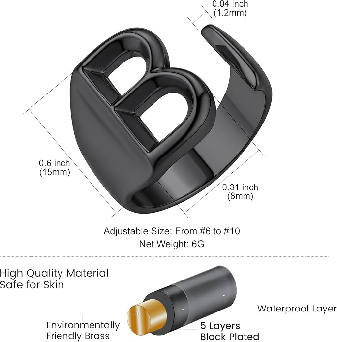 KeyStyle Bold Initial Letter Rings Adjustable, GoldChic Jewelry Women Gold Statement Ring Personalized Engraved Women’s Open Signet Ring for Party (Gold, White Gold, Black)