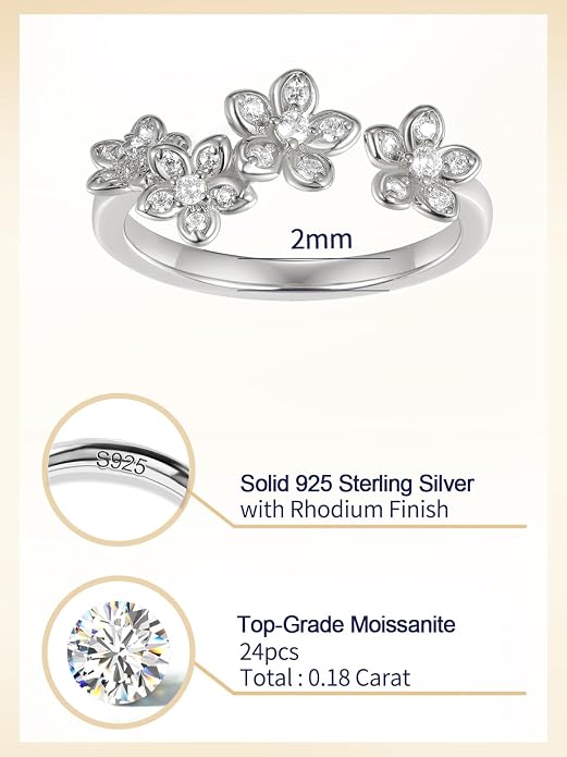 Moissanite Flower/Butterfly/Star Pretty Open Ring for Women, Adjustable Ring, Solid 925 Sterling Silver with Gold Plated, Stackable Ring, Birthday Valentines Anniversary Mothers Day Ideal Gift for Her