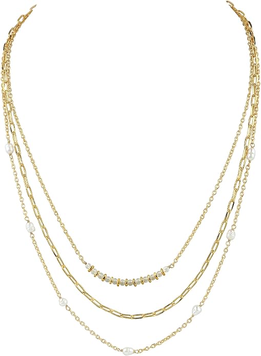 Beads With Pearl 3 Layered Necklaces for Women 14k Gold Plated Dainty Stackable Choker Necklaces for Women Trendy Layering, Cuban Link, Paperclip Chain, For Women Gifts