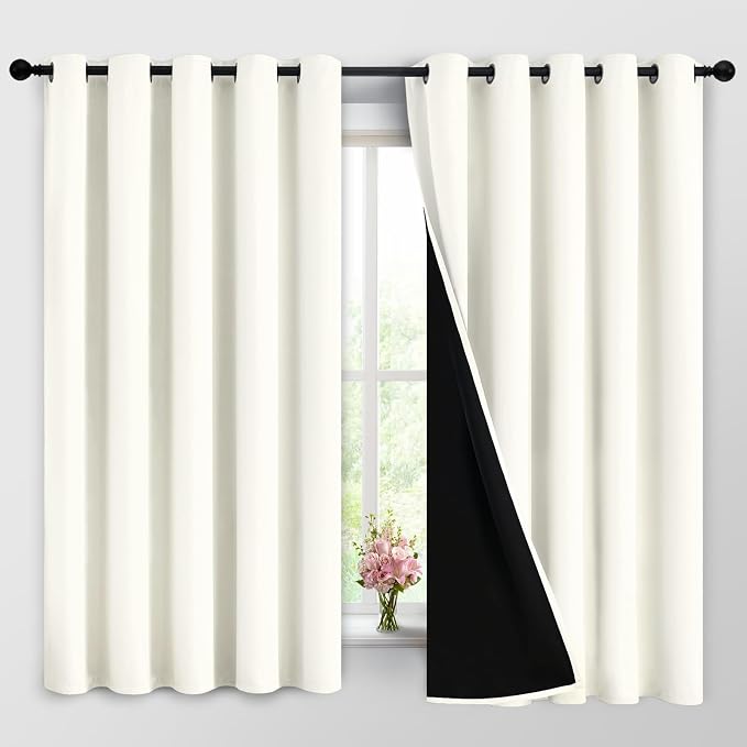 Yakamok Cream 100% Blackout Curtains 63 Inches Long for Bedroom 62" Wide | Blackout Curtain Panels for Bedroom, 2 Thick Layers Grommet Top Thermal Insulated Drapes with Black Liner for Living Room