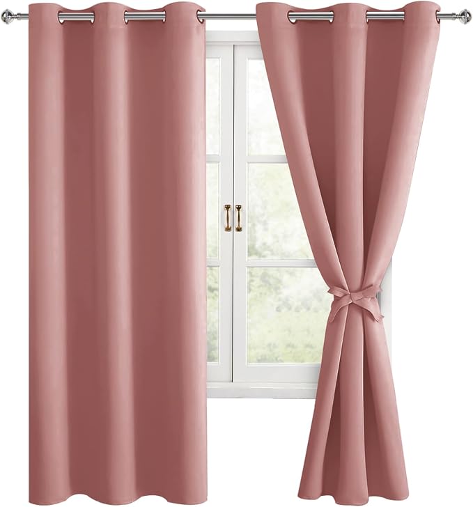Hiasan Room Darkening Window Curtains for Bedroom, Thermal Insulated, Energy Saving Blackout Curtains, Set of 2 Panels, Sewn with Tiebacks, Grommet Top (Dusty Rose, Width 42 Inch x Length 63 Inch)