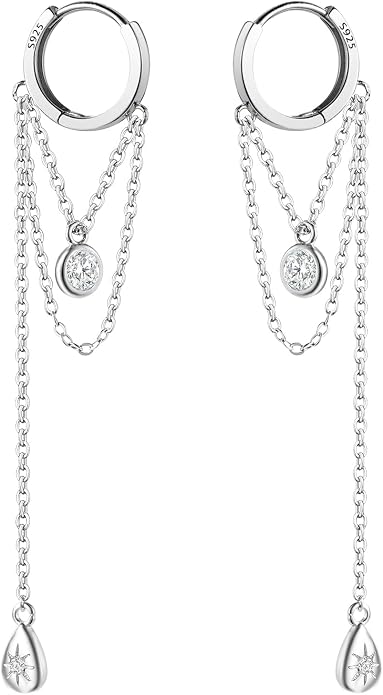 CZ Chain Hoop Dangle Earrings for Women S925 Sterling Silver Cubic Zirconia Dangling Earrings Chain Tassel Drop Earring Hoop Earring Huggies Fashion Wedding Jewelry Gifts