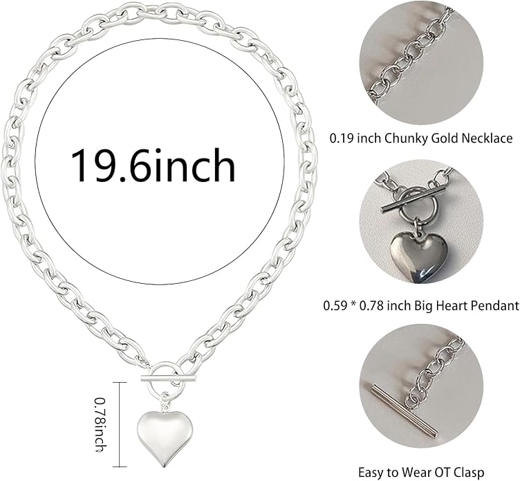18k Gold/Silver Plated Tiny Heart Chain Link Necklace for Women Dainty Heart Pendant Chain Necklace Chunky Paperclip Choker Necklace for Women Trendy Jewelry Valentines Day Gifts for Women(s)
