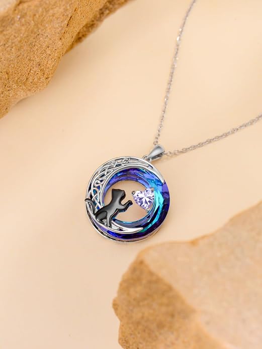 TOUPOP Cat Gifts for Cats Lovers 925 Sterling Silver Black Cat Necklace Celtic Moon Birthstone Jewelry for Women Anniversary Birthday Gift for Her Wife Mom