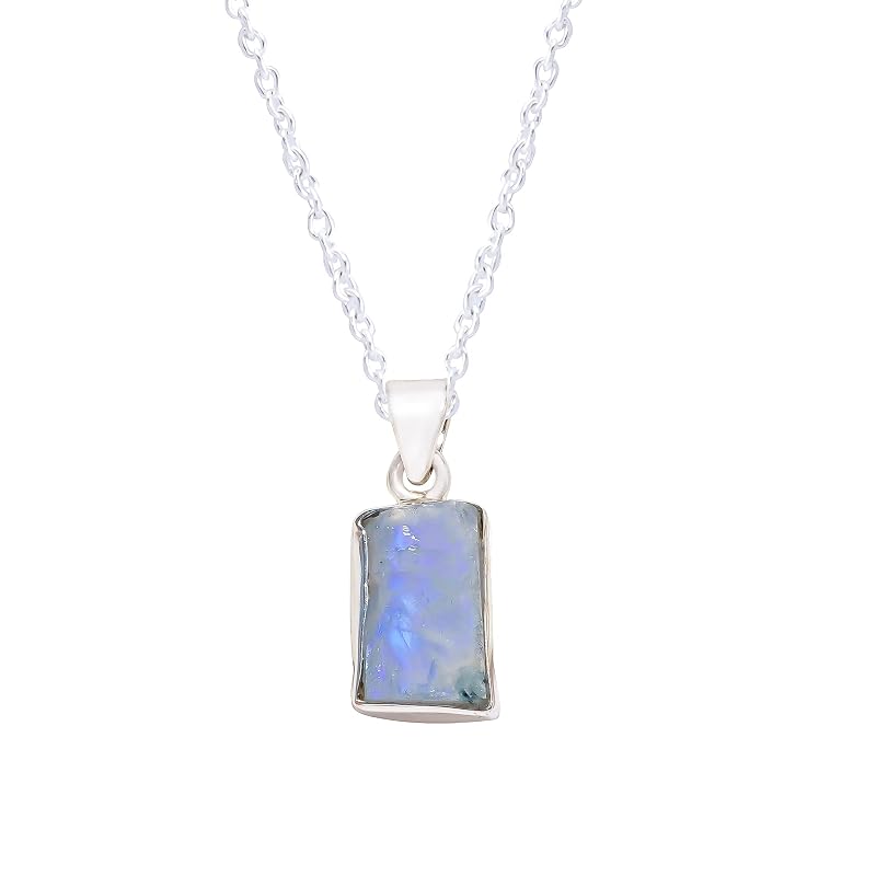 Natural Real Raw Rainbow Moonstone Crystals Bezel Pendant Necklace, Healing Rough Gemstone, 925 Sterling Silver Jewelry 18 inch