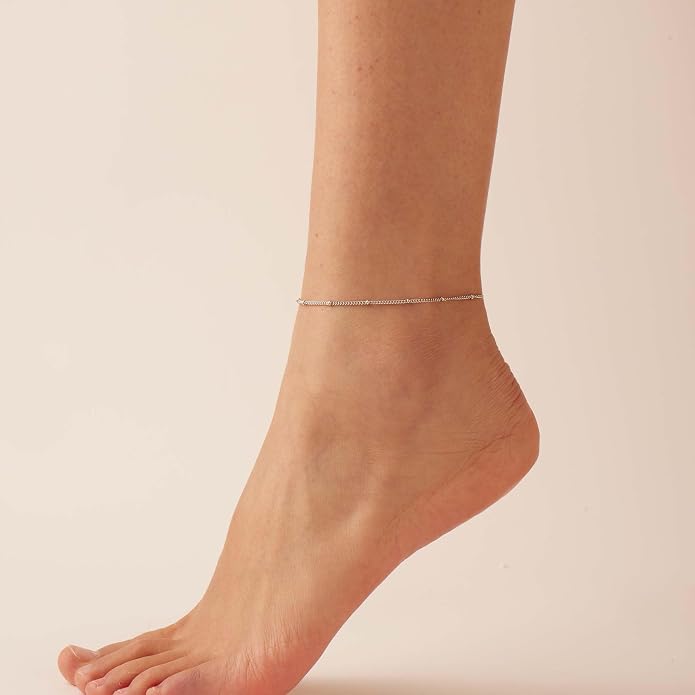 Dainty Ankle Bracelets for Women 18K Gold Plated Satellite Beaded Herringbone Lip Chain Anklets Simple Minimalist Summer Beach Foot Jewelry Christmas Gifts