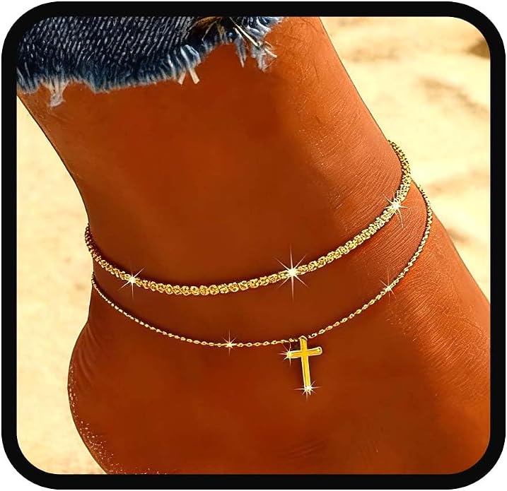 Yalice 925 Sterling Silver Ankle Bracelets for Women Dainty 14K Gold Plated Anklets Set Shiny Waterproof Ankle Chain Cross Beach Foot Jewelry Gifts