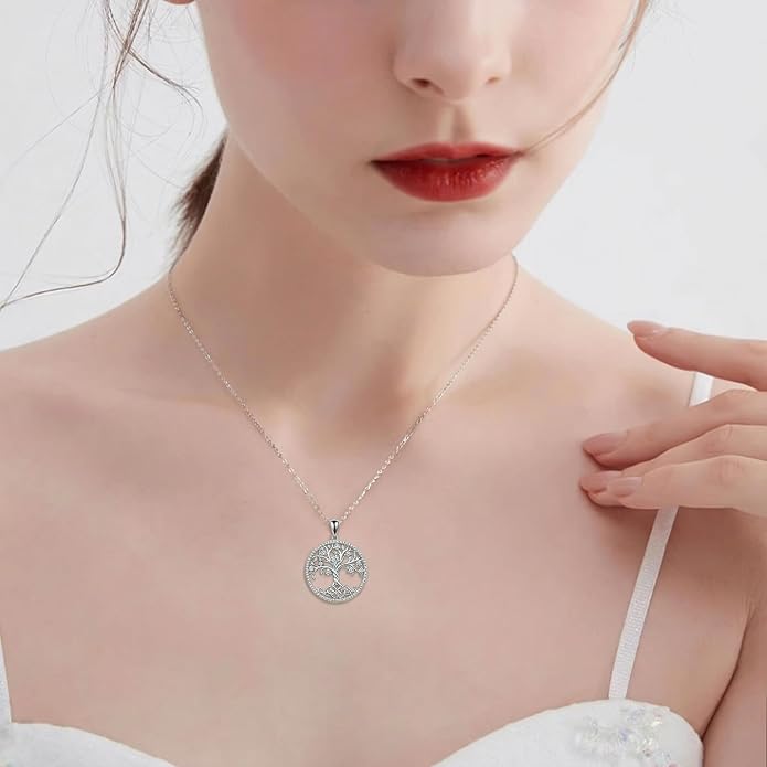 ONEFINITY Tree of Life Necklace 18k White Gold Plated Tree of Life Birthstone Pendant Necklace Birthstone Jewelry Anniversary Birthday Gifts for Women Men