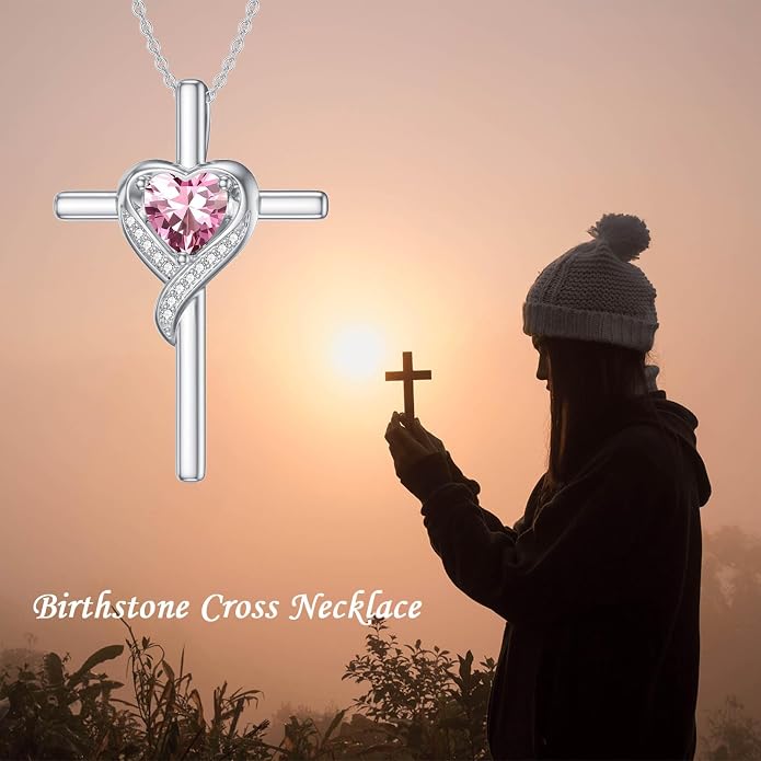 TOUPOP Birthstone Cross Necklace for Women 925 Sterling Silver Heart Cross Pendant Necklace Mothers Day Birthday Jewelry Gifts for Mom Wife Her