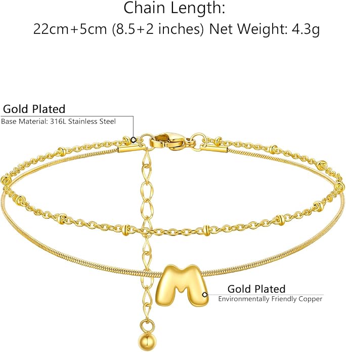 ChainsProMax Initial Ankle Bracelets for Women, Waterproof Anklets Bracelet Adjustable Summer Beach Women Foot Jewelry, Stainless Steel/Gold Plated-Send Gift Box/Letter A-Z