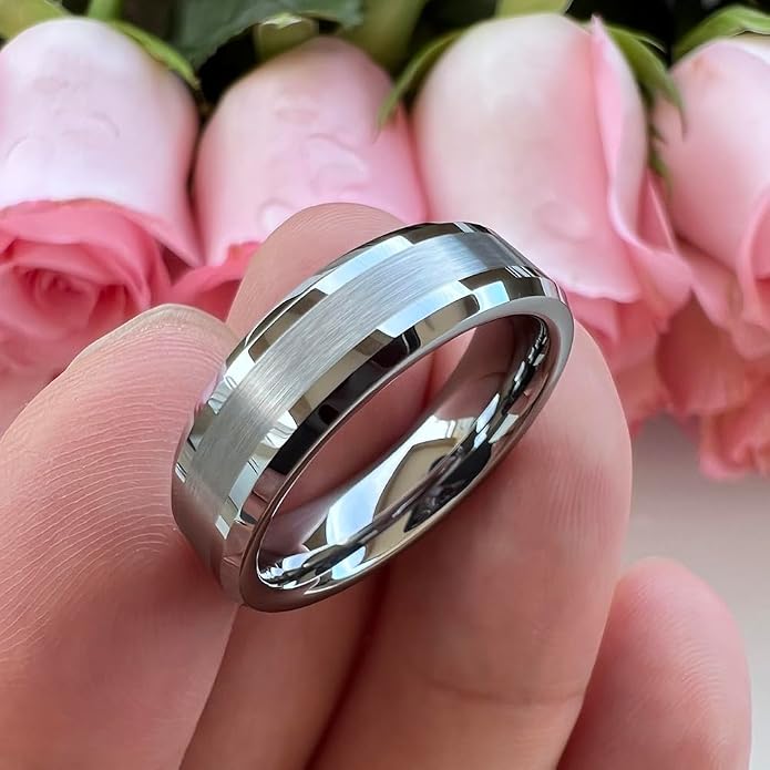 TUTISS 6mm 8mm Silver/Black/Gunmetal/Gold Tungsten Rings for Men Women Fashion Jewelry Engagement Wedding Bands Matte Polished Shiny Beveled Edges Comfort Fit